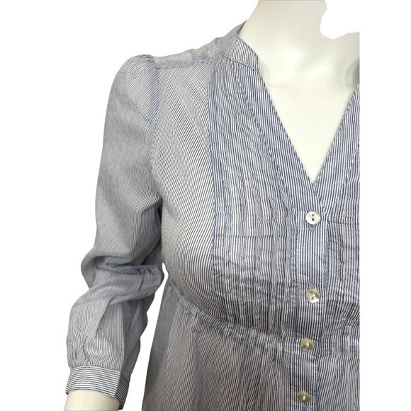 H&M Women’s Mini Dress 2 Blue Button Down 3/4 Sleeve Roll Tab Band Collar VNeck - Picture 6 of 13